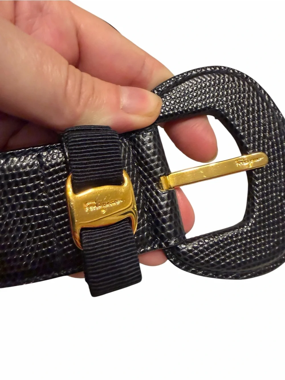 Salvatore Ferragamo Black Textured Leather Belt with Gold Buckle 71cm